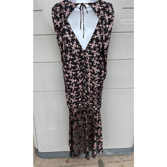 ASTR The Label Dark Floral Puff Sleeves Burntout Velvet Ruched Midi Dress Sz L - Picture 8 of 16